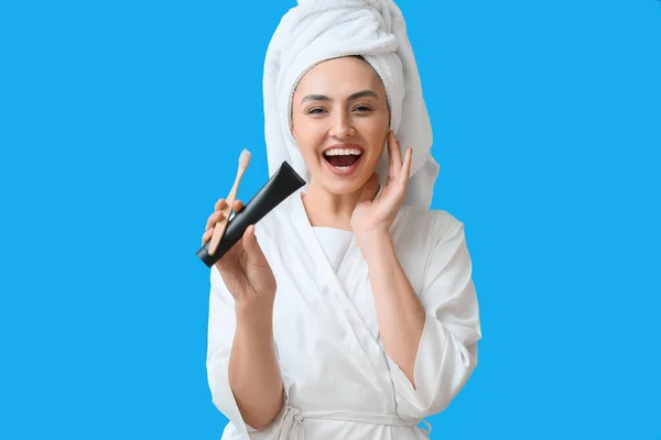 Beautiful Young Woman Bathrobe Activated Charcoal Tooth Paste Brush Blue — Stock Photo, Image