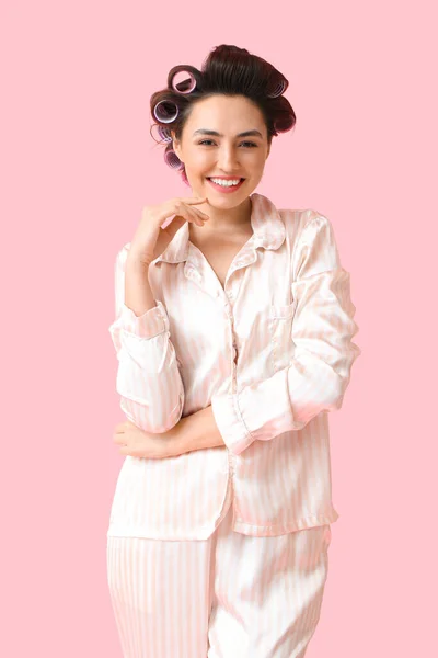 Beautiful Young Woman Pajamas Hair Curlers Pink Background — Stock Photo, Image