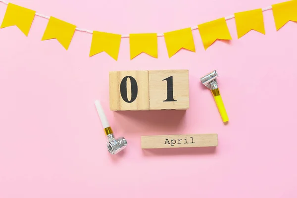 Composition Party Whistles Cube Calendar Date April Pink Background April — Stock Photo, Image