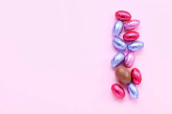 Tasty Chocolate Eggs Pink Background — Stock Photo, Image