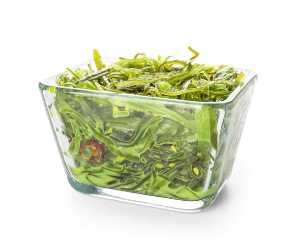 stock image Bowl with healthy seaweed salad on white background