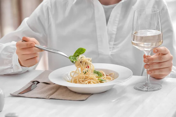 Woman Tasty Pasta Glass Wine Table Restaurant — Stock Photo, Image