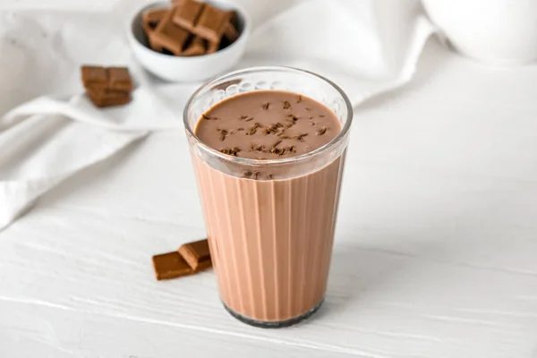 Glass Delicious Chocolate Milk White Wooden Background — Stock Photo, Image