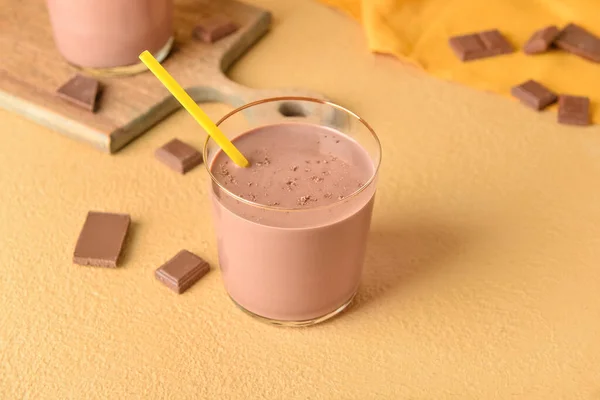 Glass Delicious Chocolate Milk Color Background — Stock Photo, Image