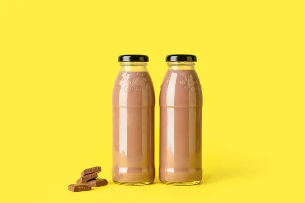 Bottles Delicious Chocolate Milk Color Background — Stock Photo, Image