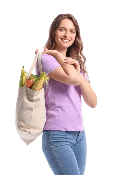 Young Woman Holding Eco Bag Healthy Vegetables White Background — Stock Photo, Image