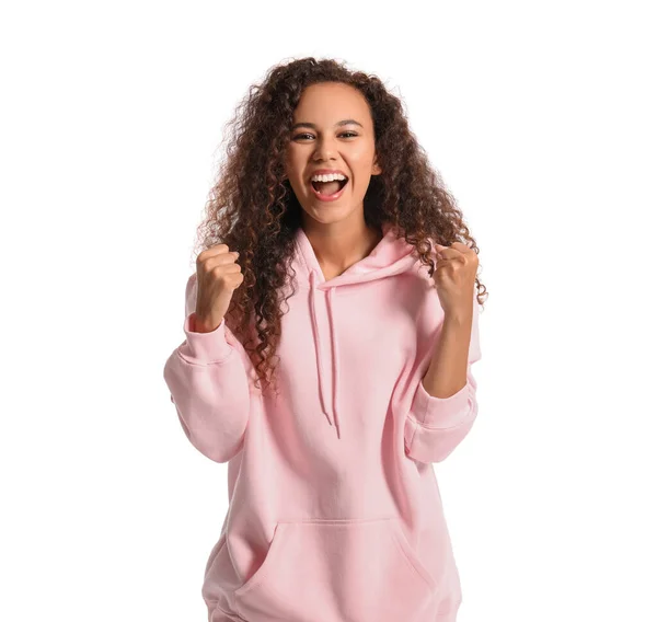 Beautiful Young African American Woman Stylish Hoodie White Background — Stock Photo, Image