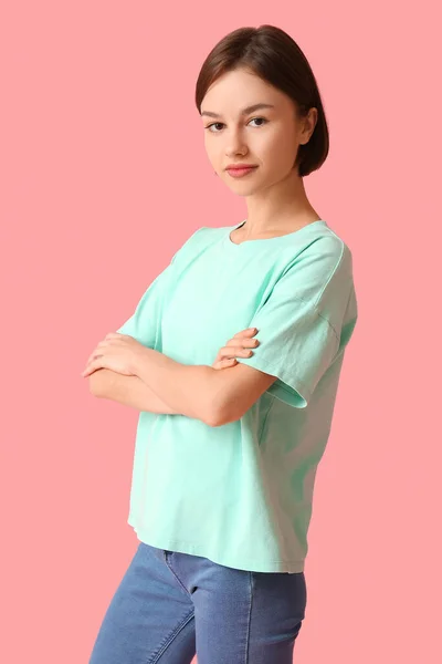 Beautiful Young Woman Stylish Shirt Color Background — Stock Photo, Image