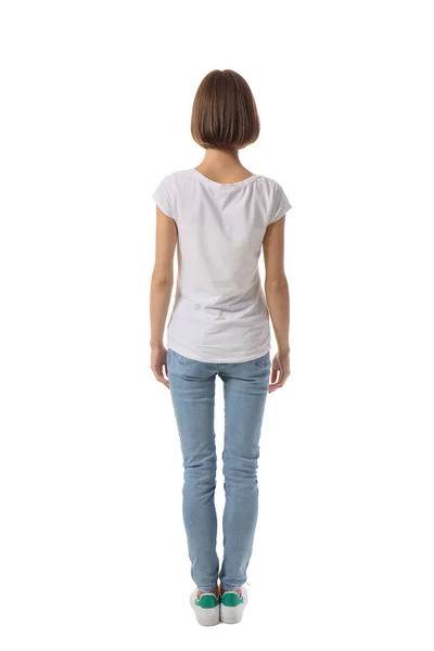 Όμορφη Νεαρή Γυναίκα Κομψό Shirt Λευκό Φόντο Πίσω Όψη — Φωτογραφία Αρχείου