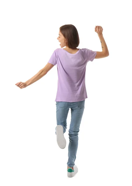 Mujer Joven Feliz Elegante Camiseta Sobre Fondo Blanco Vista Trasera —  Fotos de Stock