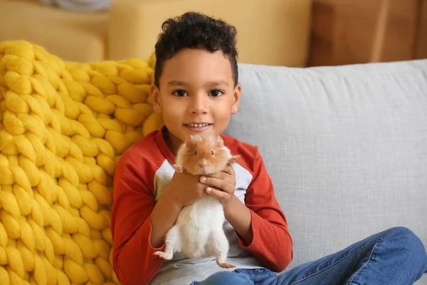 Kis Afro Amerikai Fiú Aranyos Tengerimalac Kanapén Otthon — Stock Fotó
