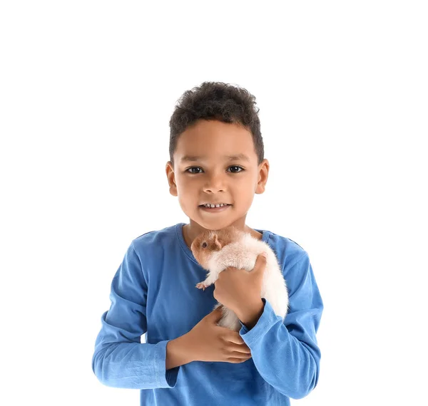 Lilla Afroamerikanska Pojken Med Söt Marsvin Isolerad Vitt — Stockfoto