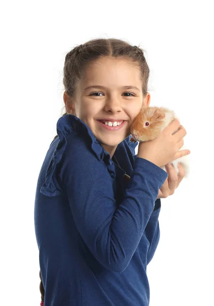 Klein Meisje Met Schattig Cavia Geïsoleerd Wit — Stockfoto