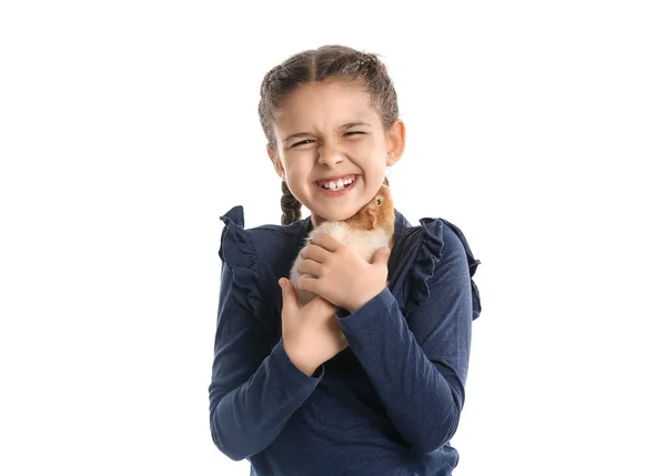 Kleines Mädchen Mit Niedlichen Meerschweinchen Isoliert Auf Weiß — Stockfoto