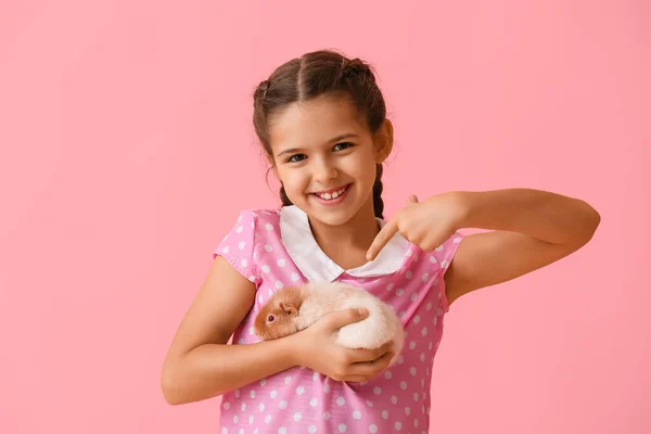 Little Girl Cute Guinea Pig Pink Background — Stock Photo, Image