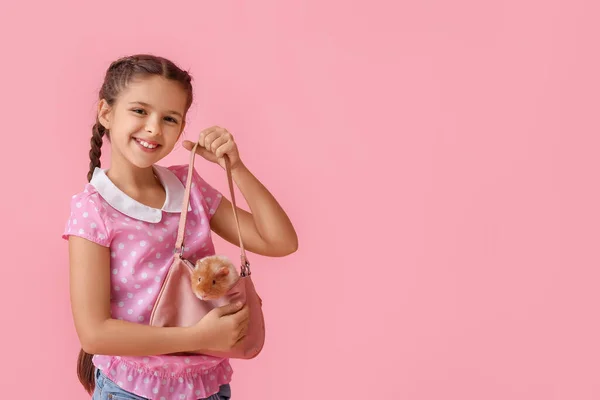 Little Girl Cute Guinea Pig Bag Pink Background — Stock Photo, Image