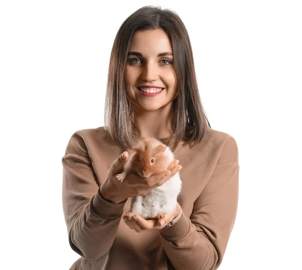 Beautiful Young Woman Cute Guinea Pig Isolated White — Stock Photo, Image