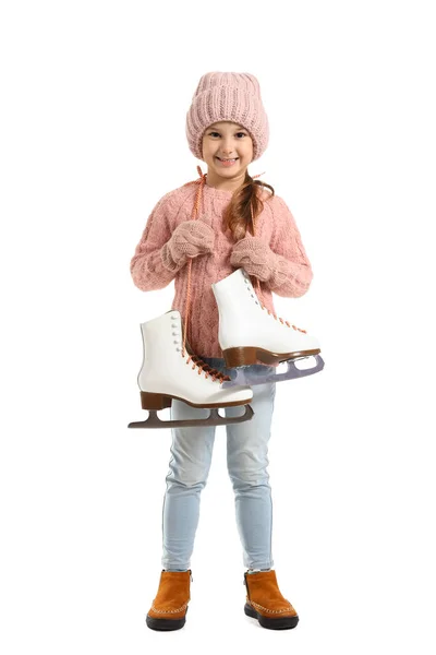 Nettes Kleines Mädchen Winterkleidung Und Mit Schlittschuhen Auf Weißem Hintergrund — Stockfoto