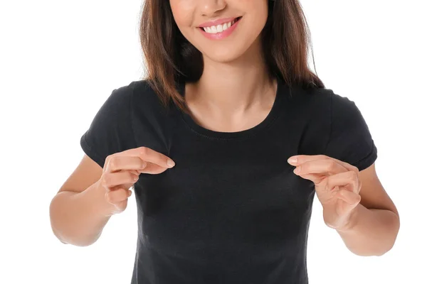 Hübsche Junge Frau Stylischem Shirt Auf Weißem Hintergrund — Stockfoto