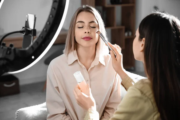 Young Female Beauty Bloggers Recording Video Home — Stock Photo, Image