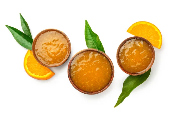 Composition Bowls Tasty Orange Jam White Background — Stock Photo, Image