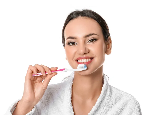 Pretty Young Woman Brushing Teeth White Background — Stock Photo, Image