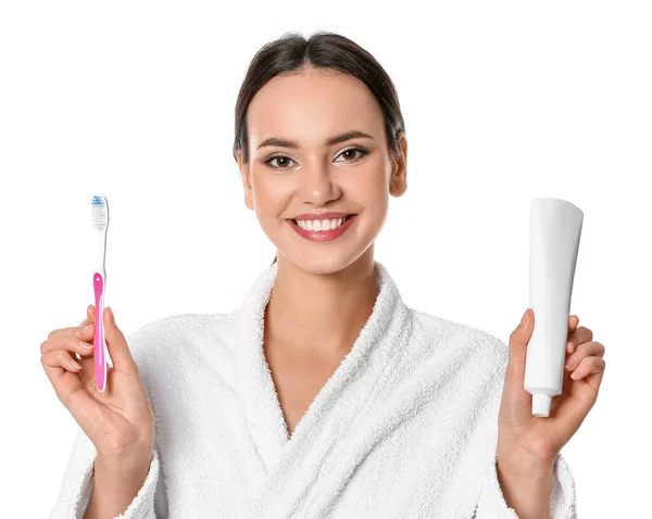Smiling Young Woman Tooth Paste Brush White Background — Stock Photo, Image