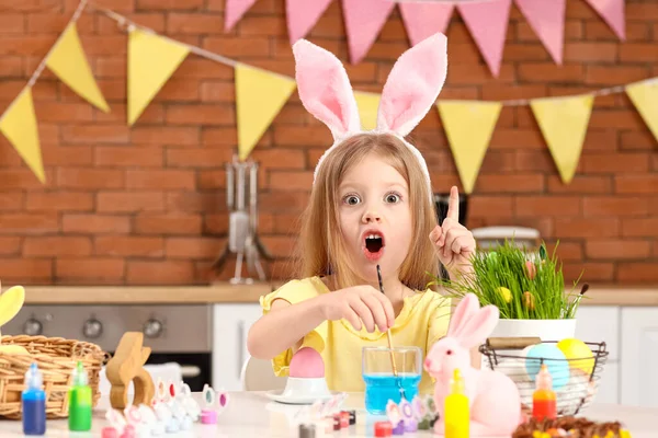 Funny Little Girl Bunny Ears Painting Easter Eggs Kitchen Home — Stock Photo, Image