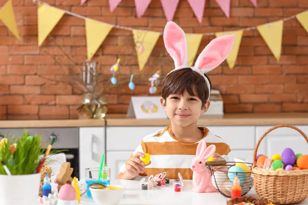 Cute Little Boy Painting Easter Eggs Kitchen Home — Stock Photo, Image