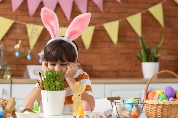 Cute Little Boy Bunny Ears Celebrating Easter Home — Stock Photo, Image