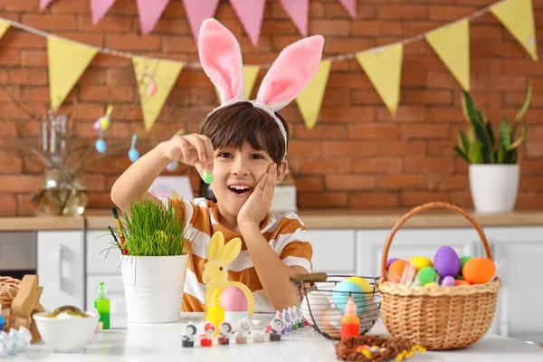 Happy Little Boy Bunny Ears Celebrating Easter Home — Stock Photo, Image