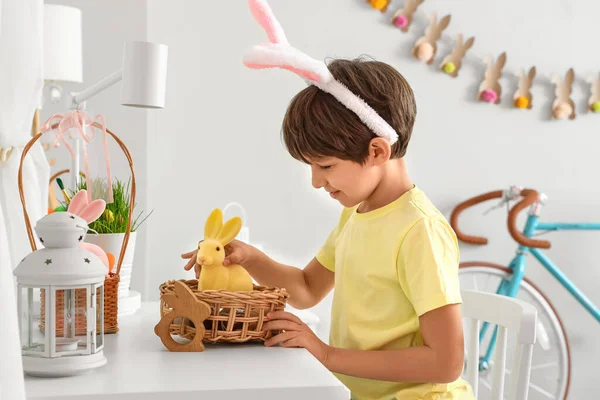 Cute Little Boy Looking Hidden Easter Eggs Home — Stock Photo, Image