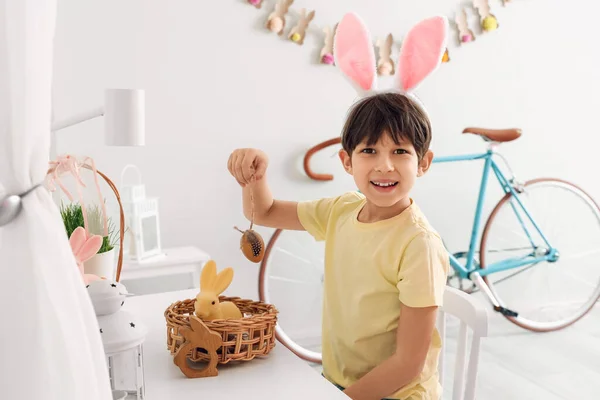 Cute Little Boy Looking Hidden Easter Eggs Home — Stock Photo, Image