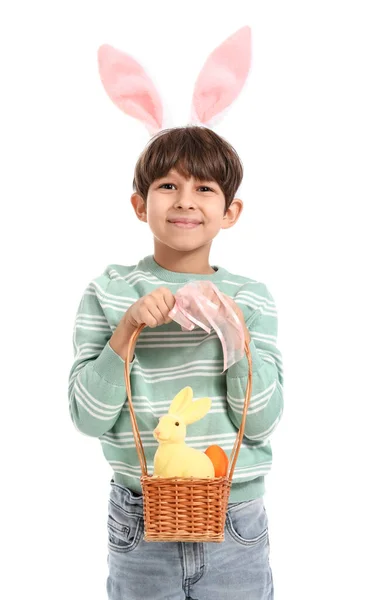 Cute Little Boy Figurine Bunny Easter Eggs Basket White Background — Stock Photo, Image