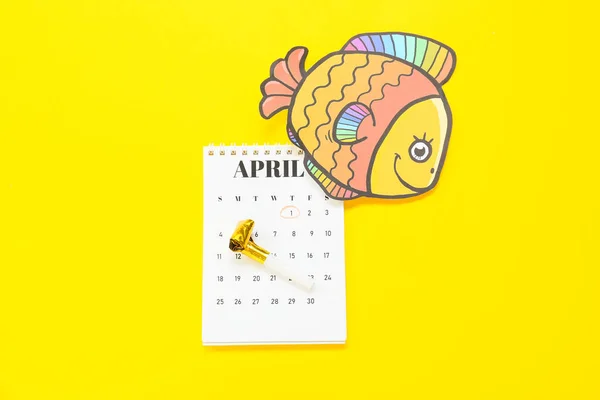 Kalender Med Markerat Datum För April Fool Day Fest Visselpipa — Stockfoto