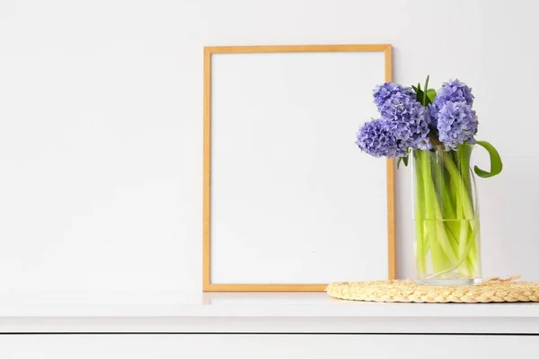 Blank Photo Frame Vase Hyacinth Flowers Shelf White Wall — Stock Photo, Image