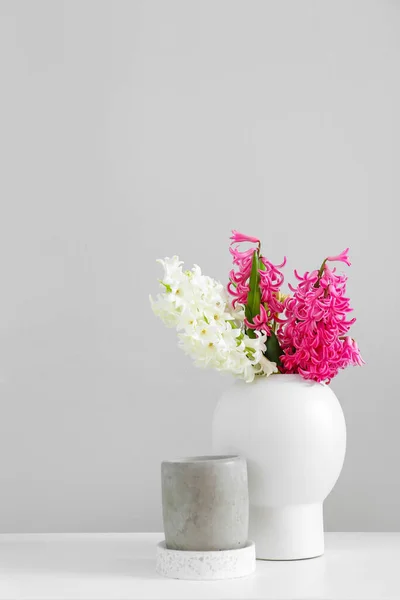 Vase Hyacinth Flowers Candle Table Light Wall — Stock Photo, Image