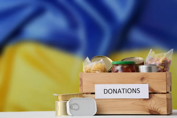 Donation Box Products Ukrainian Flag Humanitarian Assistance Ukraine — Stock Photo, Image