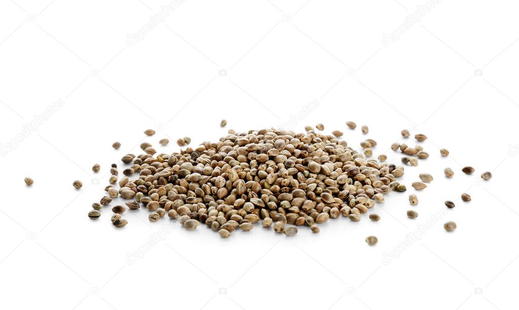 Heap of hemp seeds on white background