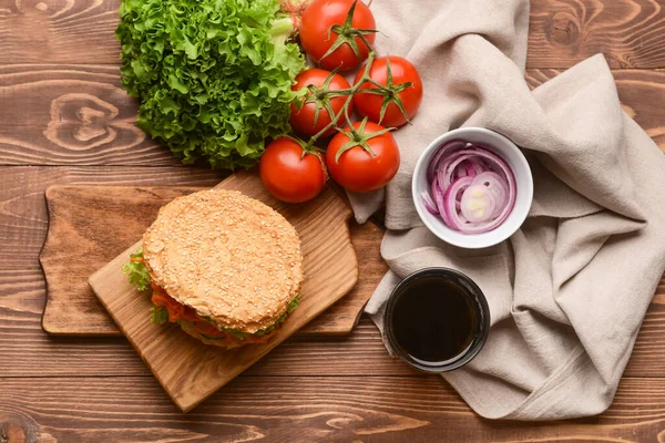 Fresh Doner Kebab Bun Glass Cola Drink Wooden Background — Stock Photo, Image