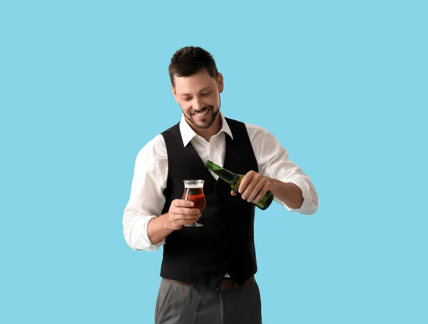 Handsome Bartender Beer Blue Background — Stock Photo, Image