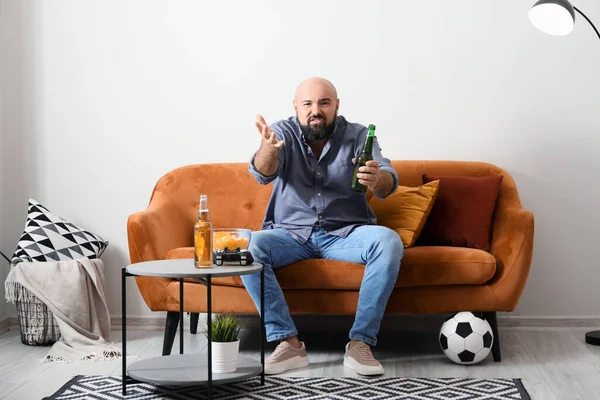 Funny Lazy Man Drinking Beer Watching Football Home — Stock Photo, Image