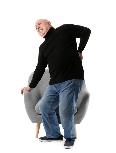 Senior Man Suffering Back Pain Armchair White Background — Stock Photo, Image
