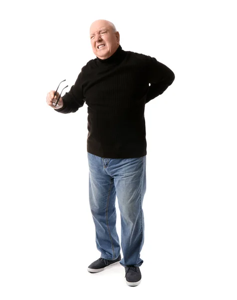 Älterer Mann Mit Brille Leidet Unter Rückenschmerzen Auf Weißem Hintergrund — Stockfoto