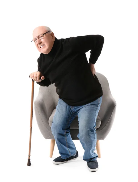 Senior Man Walking Stick Suffering Back Pain Armchair White Background — Stock Photo, Image