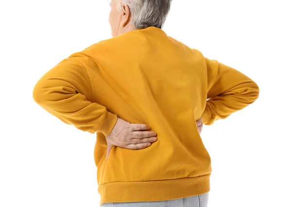 Senior Woman Sweatshirt Suffering Back Pain White Background — Stock Photo, Image