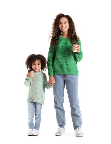 Little African American Girl Her Mother Sweaters Cups Hot Cocoa — Stock Photo, Image