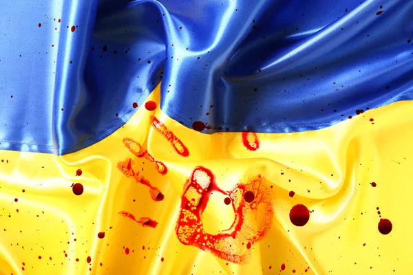 Véres Emberi Tenyérlenyomat Ukrán Zászlón Állítsd Meg Háborút — Stock Fotó