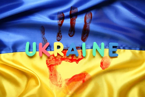 Maldita Impressão Palma Humana Bandeira Ucraniana Parem Guerra — Fotografia de Stock
