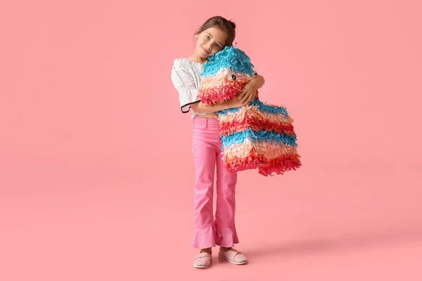 Little Girl Mexican Pinata Color Background — Stock Photo, Image